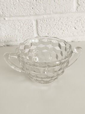 Vintage Fostoria Pressed Cubed Glass American Clear Open Sugar Bowl with Handles